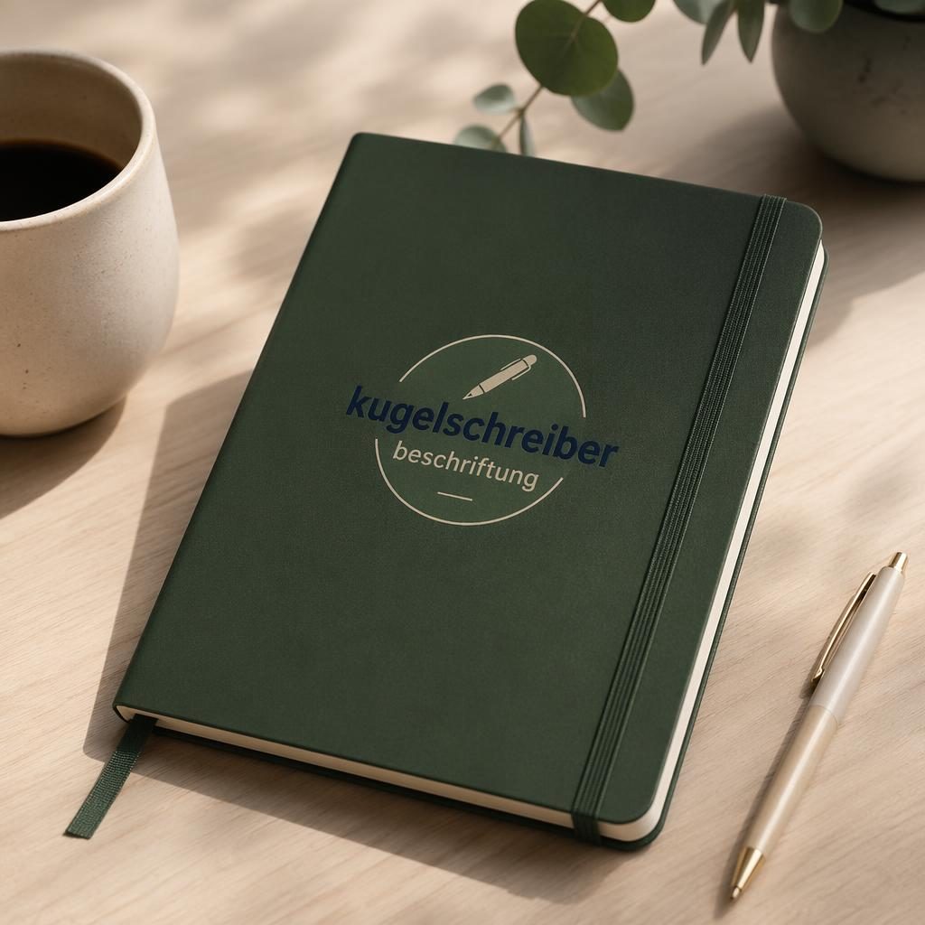 Fotorealistisches waldgrünes Notizbuch als gefalteter Stapel mit zentriertem Logo in Navy und Creme im Studio
