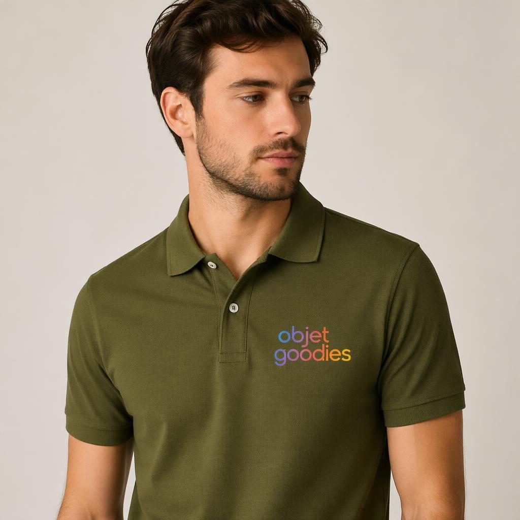 Modèle portant un polo vert olive avec logo objet goodies brodé, photo studio nette et texture réaliste