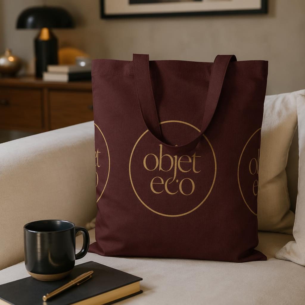 Tote bag bordeaux avec logo objet eco noir et or, en scène cosy maison, rendu photo réaliste et texture textile nette.