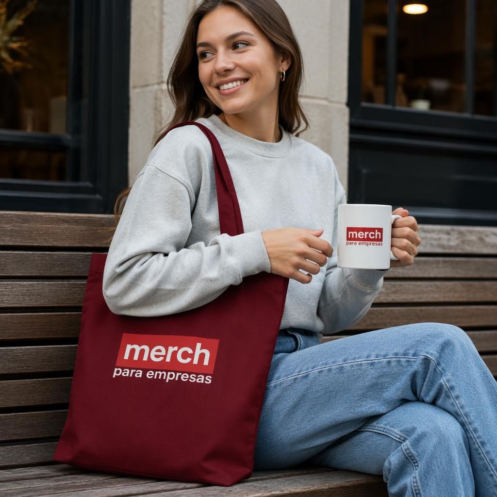 Mockup fotográfico de bolso tote burdeos en exterior con logo rojo y blanco centrado, textura de tela natural y enfoque nítido.