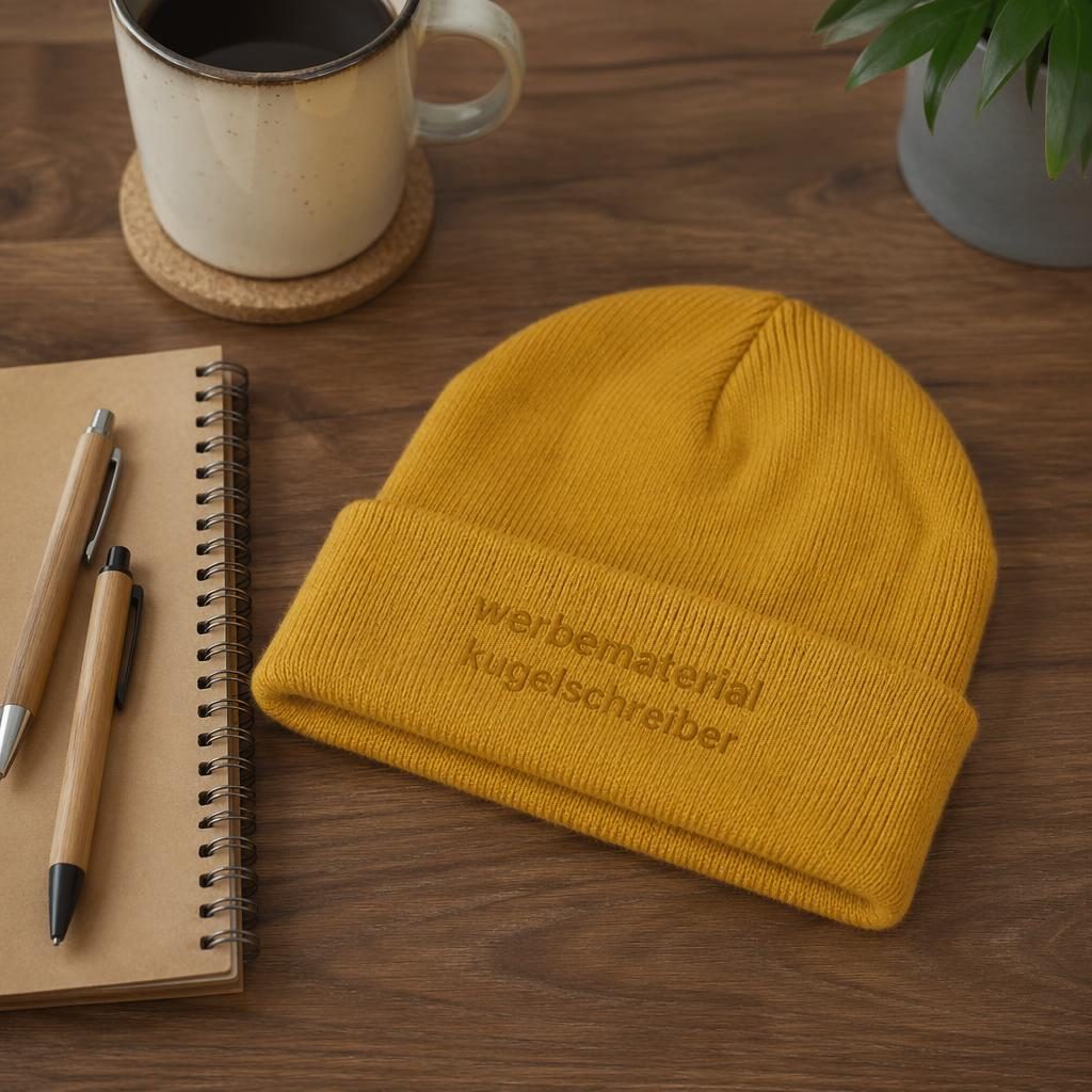 Senfgelbe Beanie mit dezent tonigem Logo auf einem Schreibtisch im warmen Lifestyle-Mockup