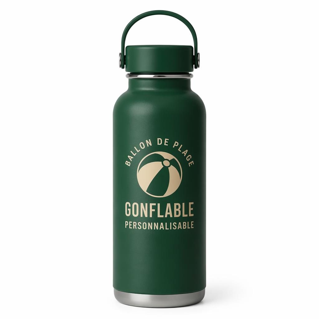 Gourde vert forêt sur fond blanc minimaliste avec logo personnalisable vert sauge et ivoire, vue produit studio nette.