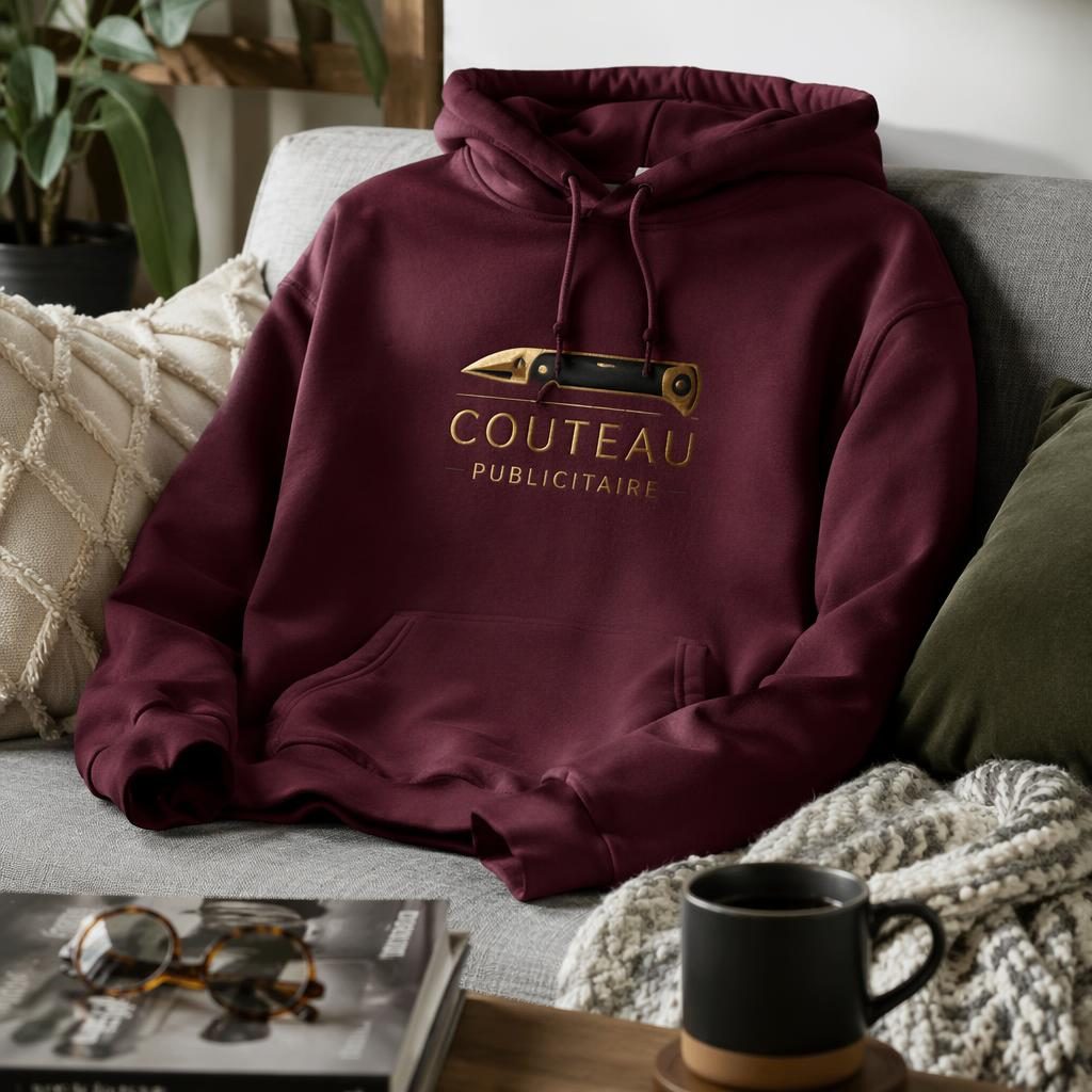 Hoodie bordeaux avec logo couteau publicitaire centré, ambiance maison cosy, palette noir et or, photo studio