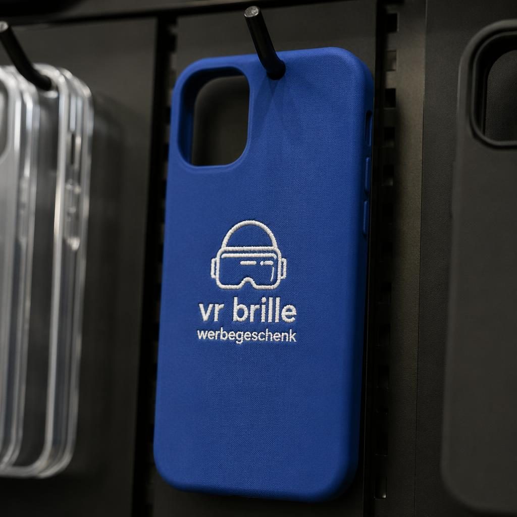 Royalblaue Handyhülle mit gesticktem Logo an einem Rack, studiofotografiert mit scharfem Fokus und minimaler Optik.