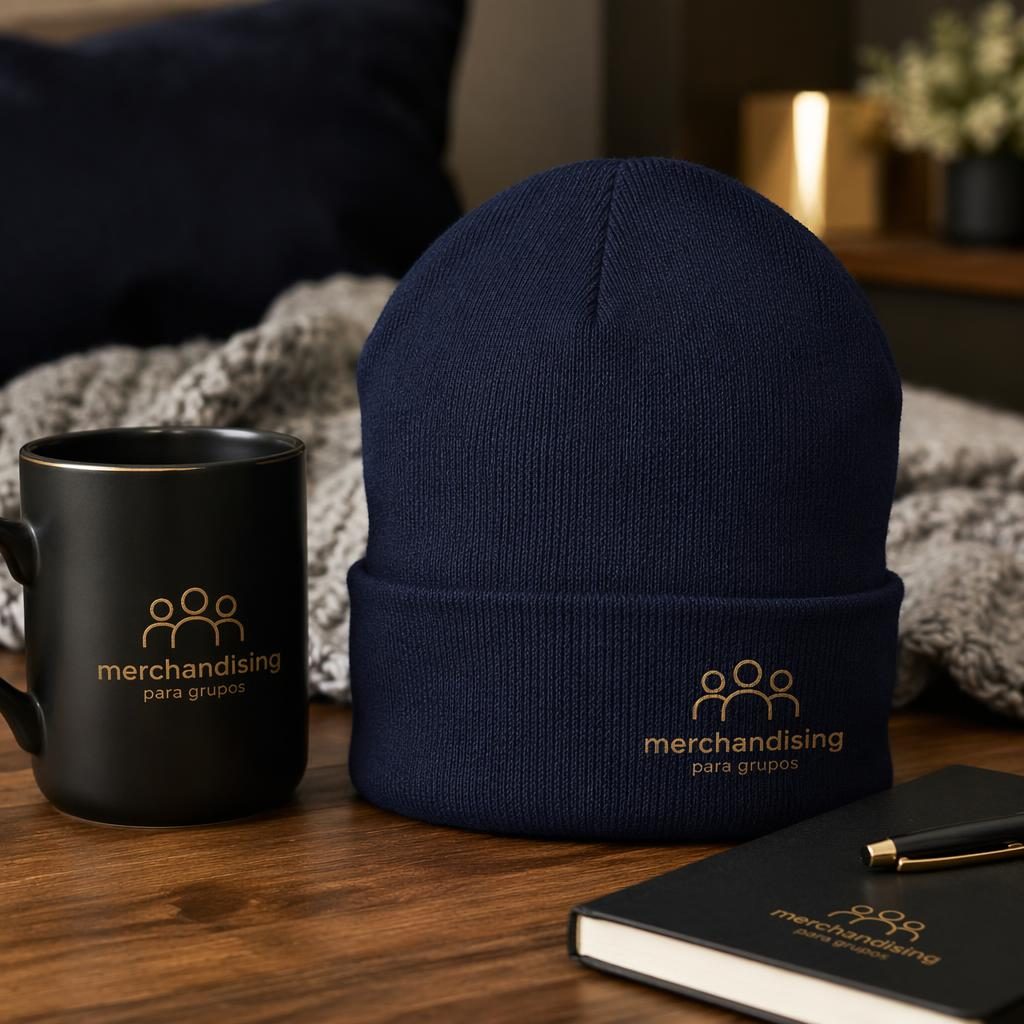 Mockup fotográfico de gorro azul marino con logo pequeño, estilo hogar acogedor y paleta negra con dorado.