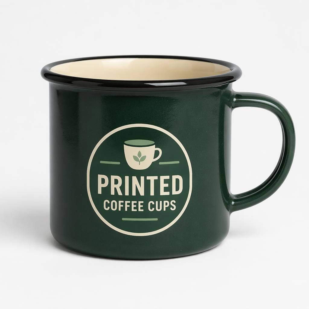 Forest green enamel mug mockup with centered printed coffee cups logo on a minimalist white studio background.