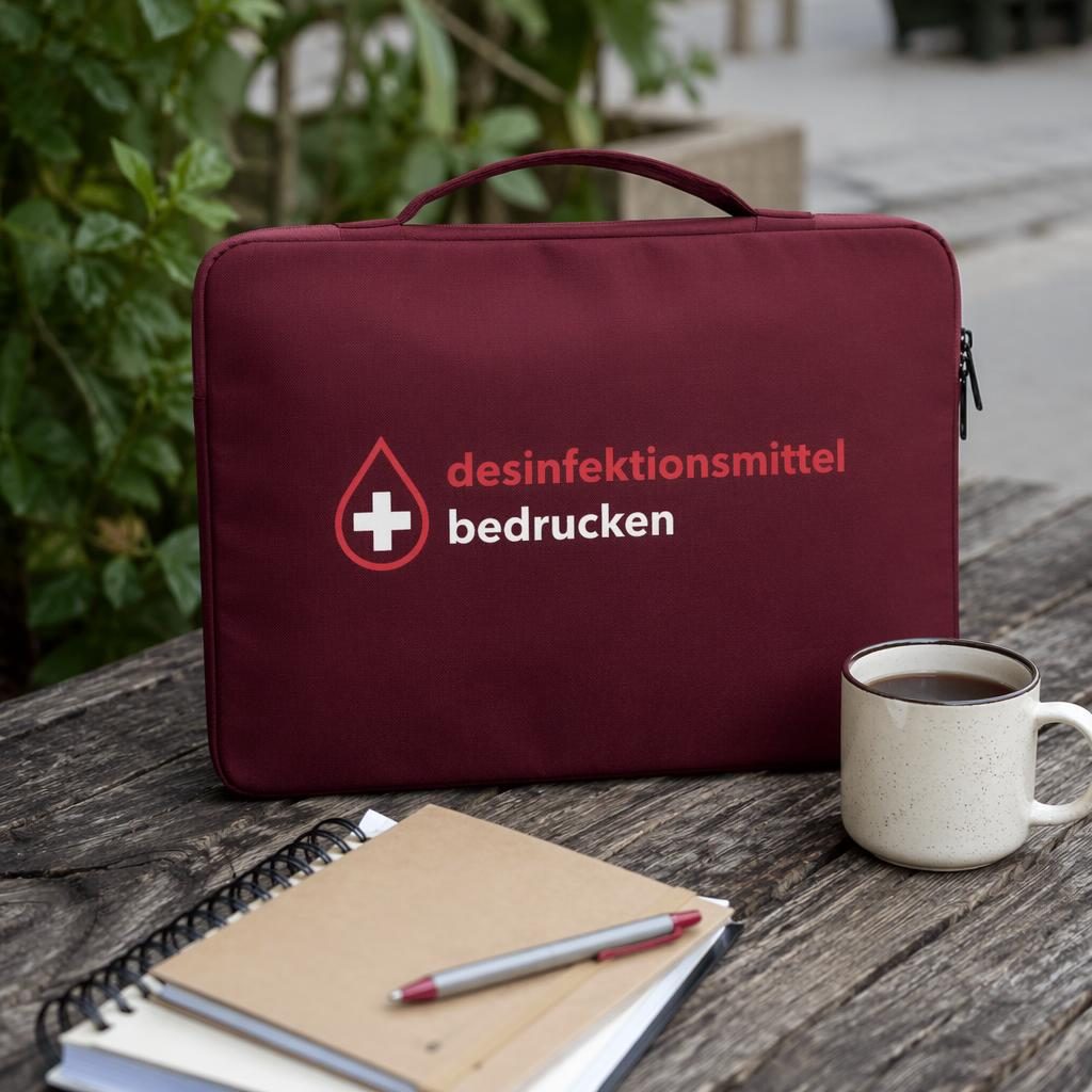 Fotorealistisches Mockup einer bordeauxfarbenen Laptop-Hülle mit rotem und weißem Logo im Outdoor-Lifestyle-Setting