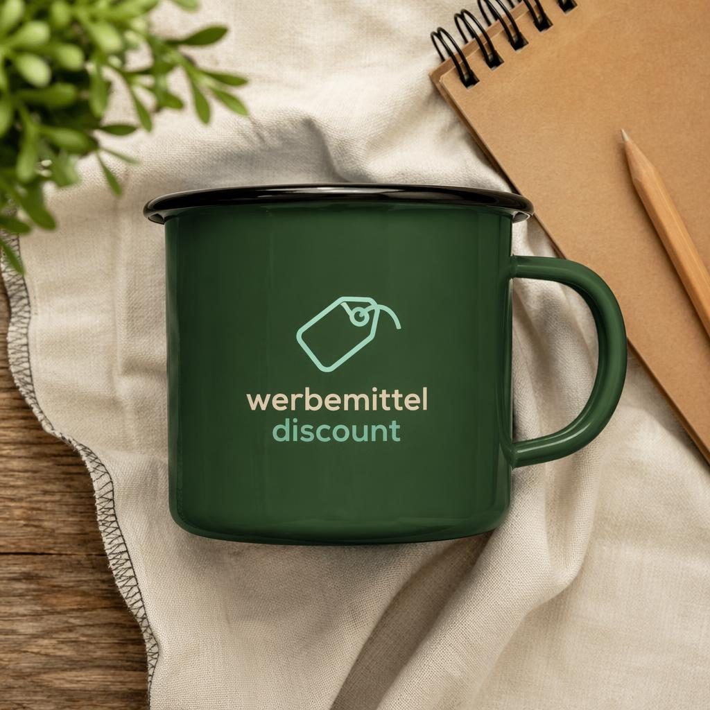 Fotorealistischer flach gelegter Emaillebecher in Waldgrün mit mittigem werbemittel discount Logo im Studio-Setup