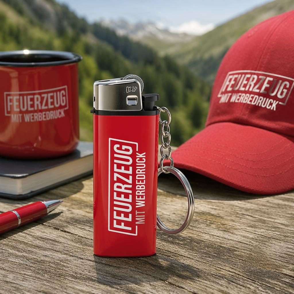 Fotorealistisches Mockup eines roten Schlüsselanhängers mit großem weißen Logo in Outdoor-Lifestyle-Szene