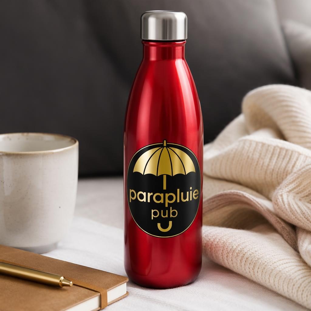 Mockup photo réaliste d’une gourde rouge avec logo parapluie pub, ambiance maison cosy, détails noirs et or.