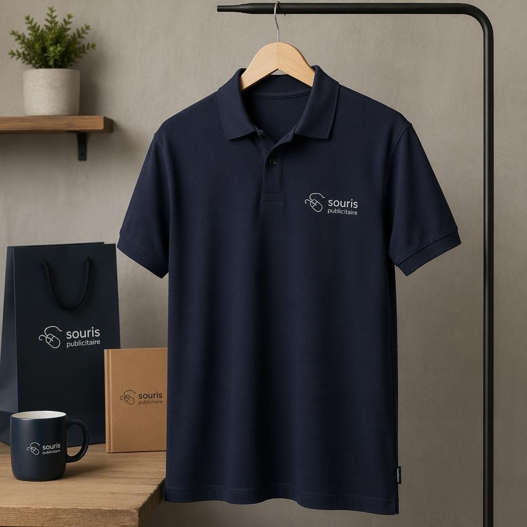Polo bleu marine suspendu sur portant, avec petit logo souris publicitaire imprimé sur la poitrine gauche.