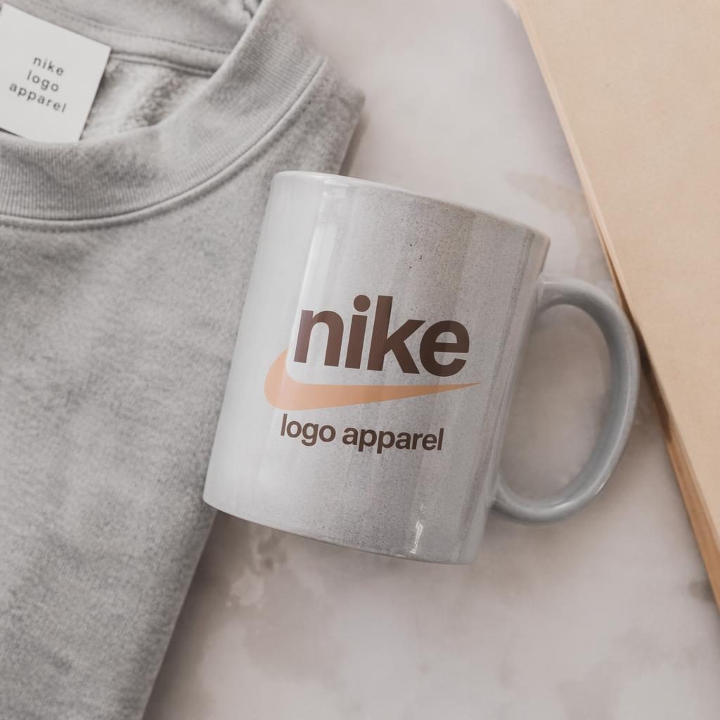 Studio flat lay of a heather gray ceramic mug with a large nike logo apparel print in a soft pastel palette