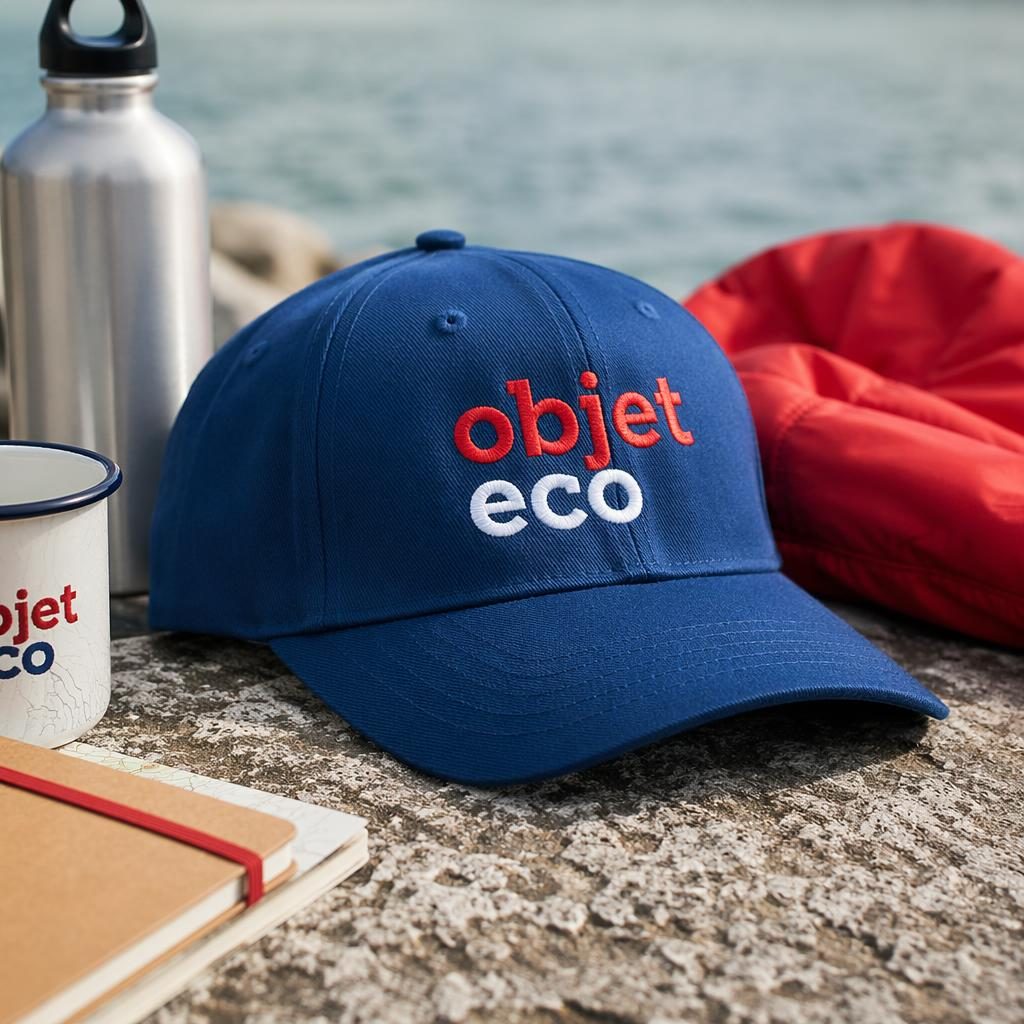 Casquette bleu royal avec logo objet eco brodé en rouge et blanc, photo lifestyle extérieure en gros plan.
