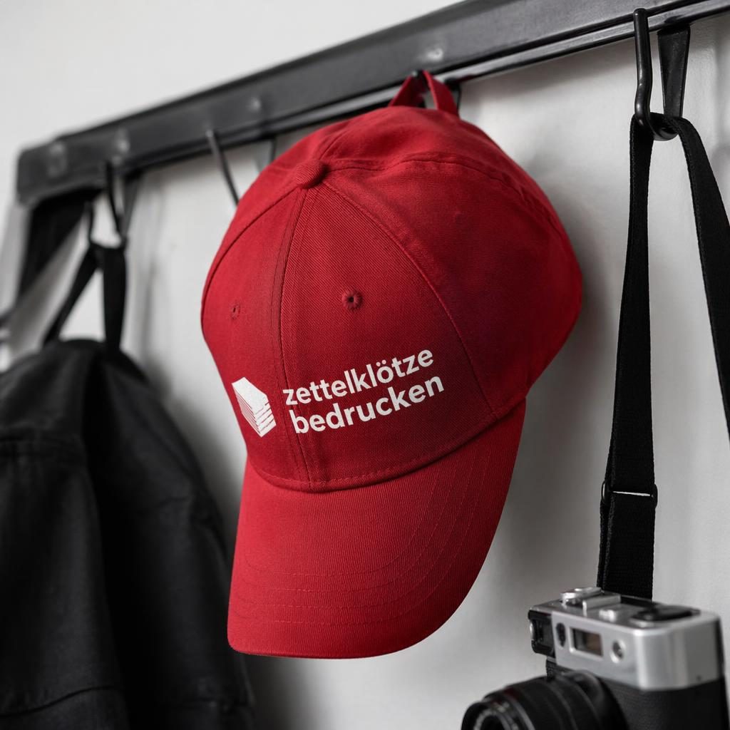Rote Cap mit großem zettelklötze bedrucken Logo, hängend an einer Kleiderstange im Studio