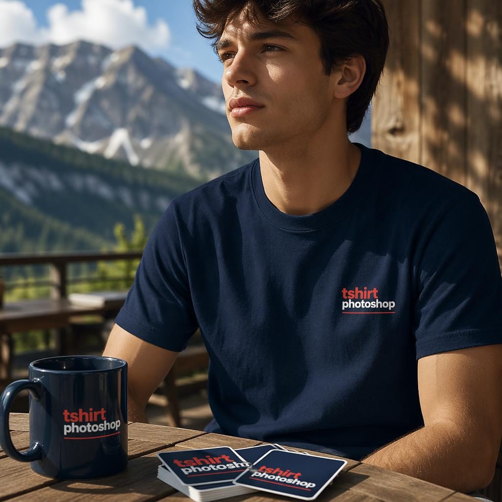 Photo-real navy sticker pack mockup with small tshirt photoshop logo, outdoor lifestyle styling, sharp fabric and paper texture.