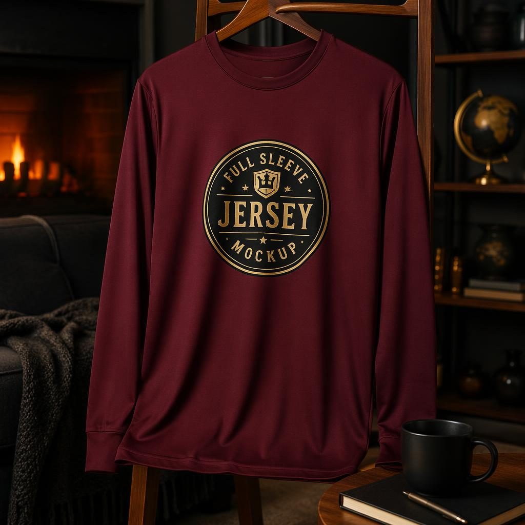 Photo-real burgundy t-shirt mockup with centered placeholder logo in a cozy home setting, black and gold luxury vibe.