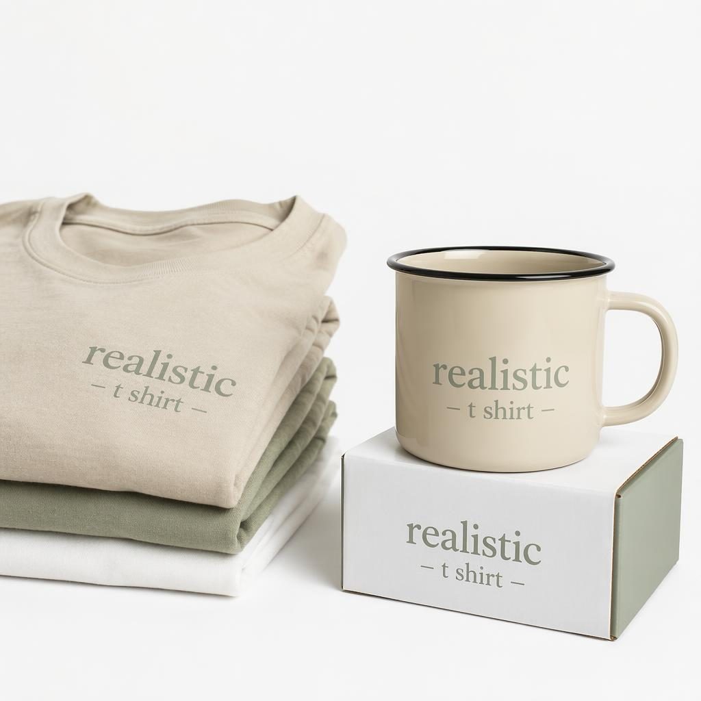 Beige sand enamel mug with subtle tone-on-tone realistic t shirt logo on a minimalist white studio background