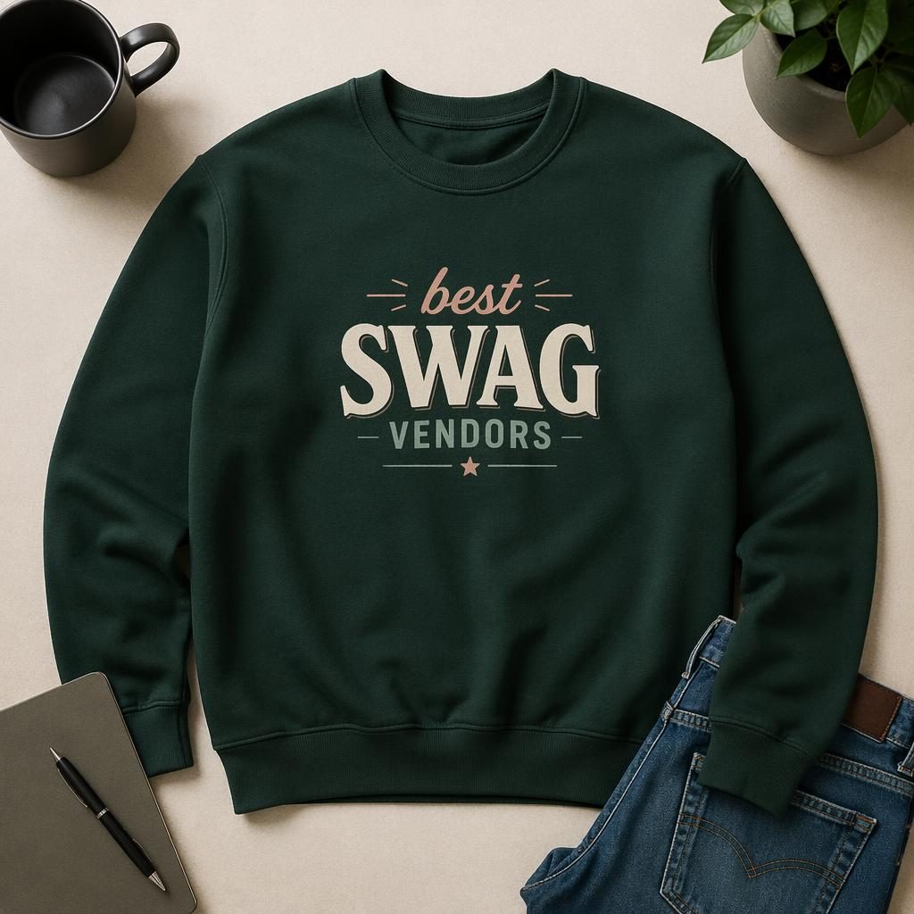 Studio flat lay of a forest green sweatshirt mockup with centered best swag vendors logo in a soft pastel palette