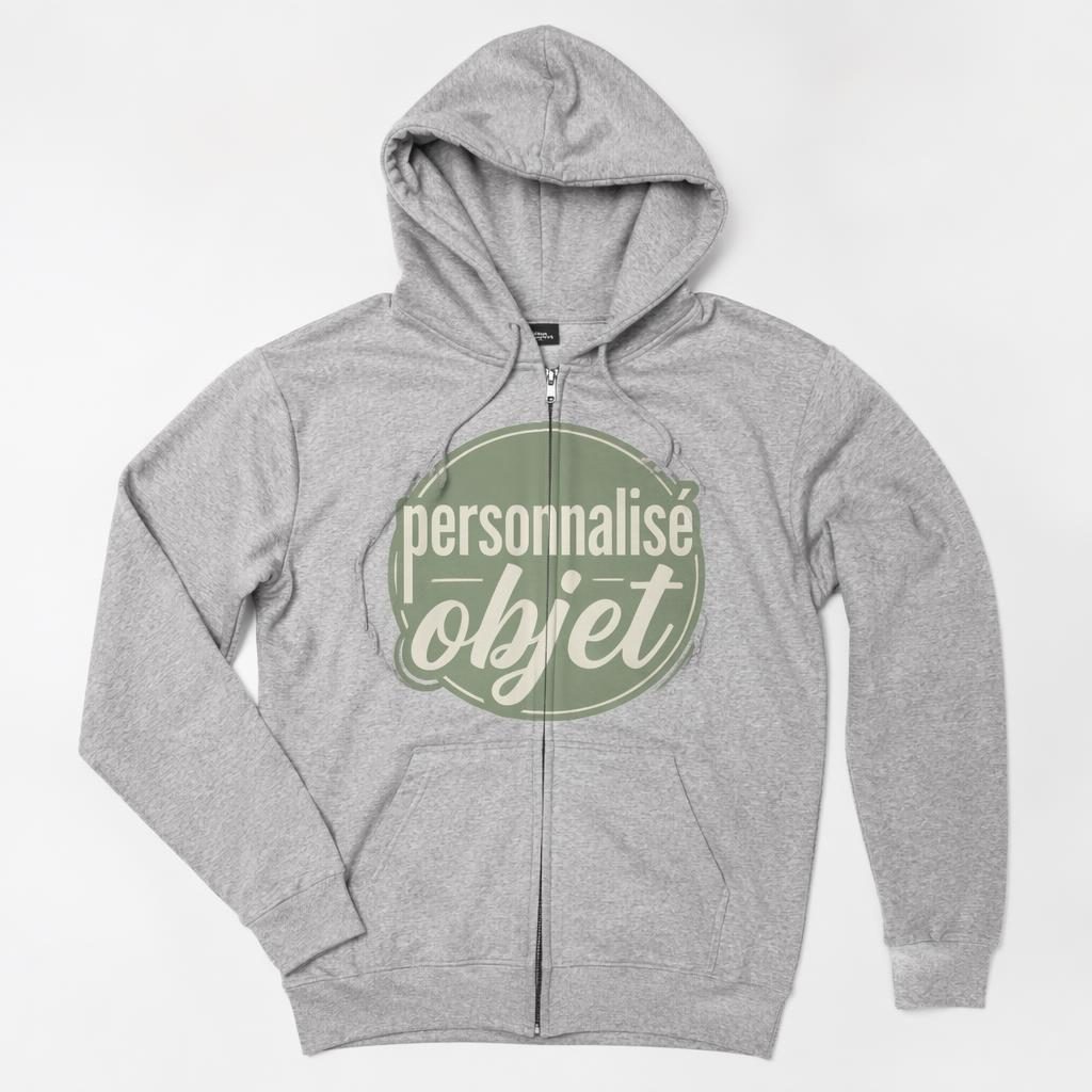 Hoodie zippé gris chiné sur fond blanc, grand logo personnalisé objet en sauge et ivoire, photo studio nette