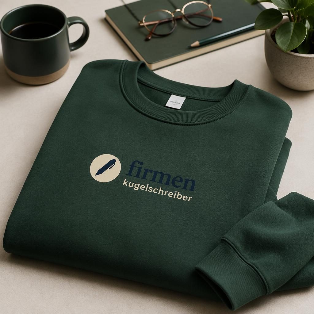 Gefalteter forestgrüner Sweatshirt-Stapel mit mittigem firmen kugelschreiber Logo in Navy und Creme, studiofotografiert