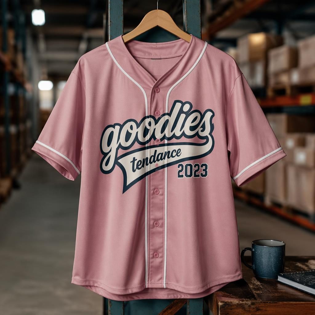 Mockup photo réaliste d’un jersey de baseball rose poudré avec grand logo bleu en décor industriel de studio