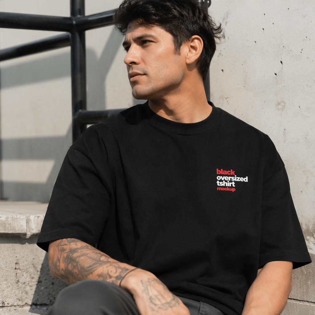 Photoreal navy sticker pack with a small left-chest black oversized tshirt mockup logo in red and white outdoor style