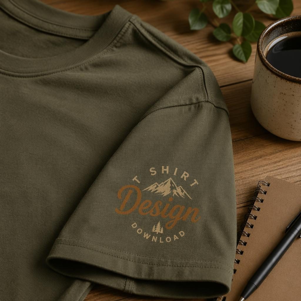 Olive green t-shirt mockup in a warm desk lifestyle scene with sleeve logo, ceramic mug, and paper accents