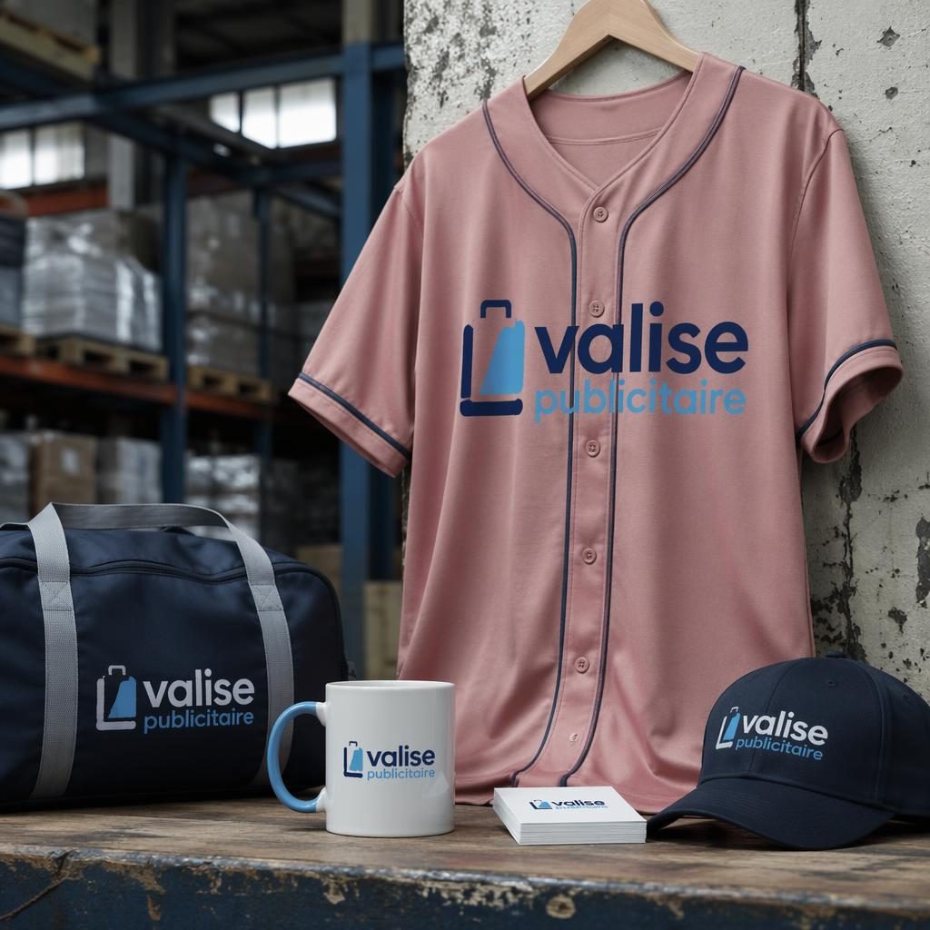 Maillot de baseball rose poudré avec grand logo valise publicitaire, photographié en décor industriel type entrepôt.