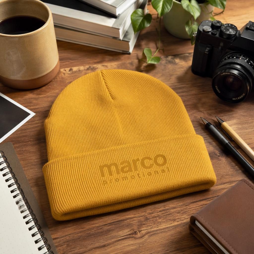 Mustard yellow beanie with subtle tone-on-tone marco promotional logo in a warm desk lifestyle product mockup.