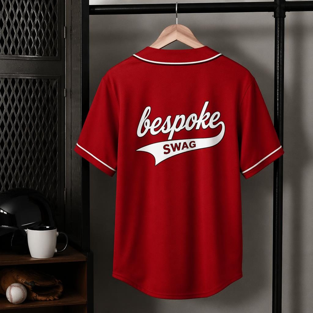 Photo-real red baseball jersey hanging on a rack with bespoke swag logo printed across the full back.