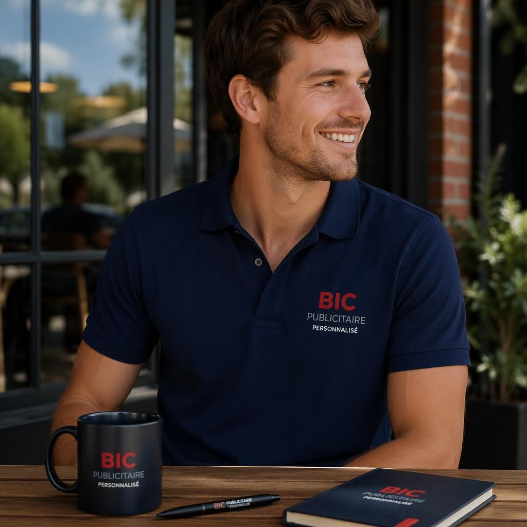 Mockup photo réaliste d’un polo bleu marine en extérieur, logo ton sur ton discret, lumière naturelle et tissu net.