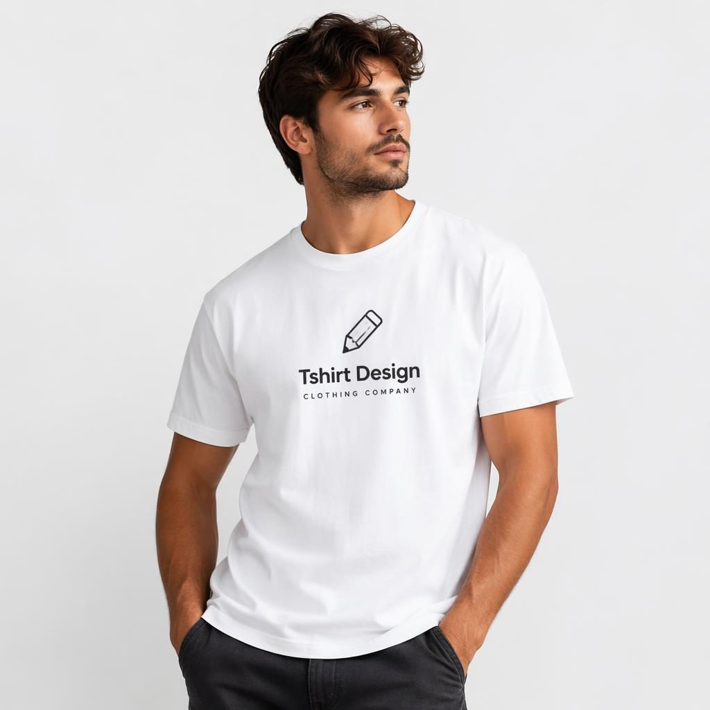 White t-shirt mockup on a white background with a centered fictional Tshirt Design logo and soft natural shadows