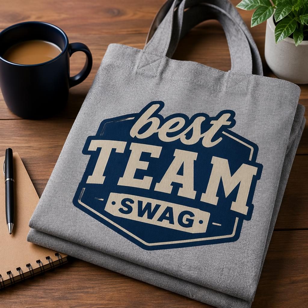 Folded stack of heather gray tote bags with a large navy and cream best team swag logo in a studio mockup.