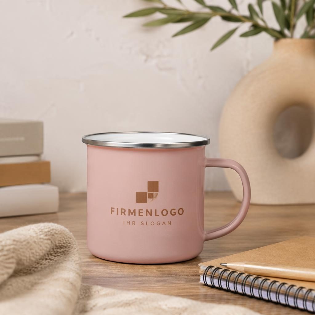 Staubrosa Emaille-Tasse mit generischem Logo in Schreibtischszene, warme Erdtöne, Stoff und Papier im Fokus.