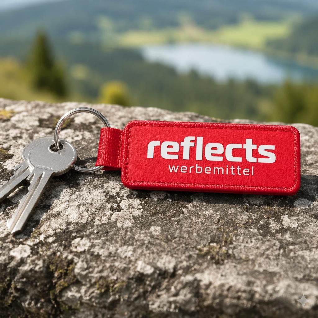 Fotorealistischer roter Schlüsselanhänger mit großem weißen reflects werbemittel Logo im Outdoor-Lifestyle-Setup