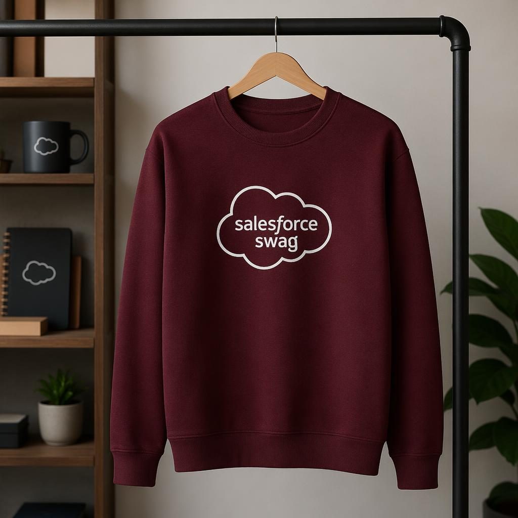 Burgundy crewneck sweatshirt hanging on a rack with centered salesforce swag logo in a minimal monochrome print.