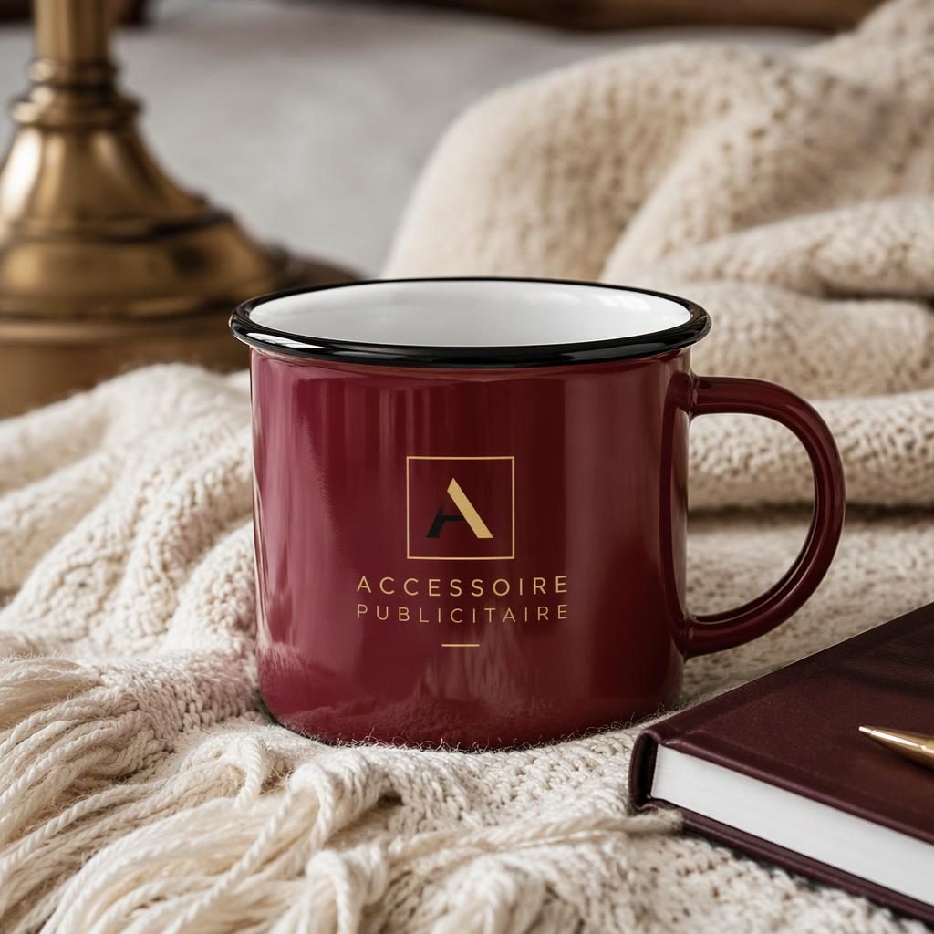 Mug émaillé bordeaux avec logo accessoire publicitaire, ambiance maison cosy, palette noir et or, photo studio nette