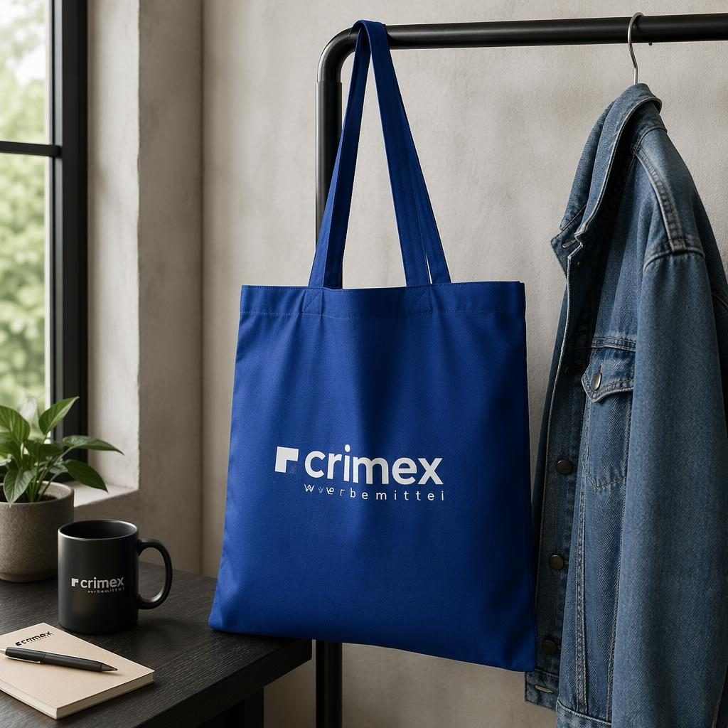 Royalblaue Stofftasche mit crimex werbemittel Logo, hängend an einer Kleiderstange im Studio