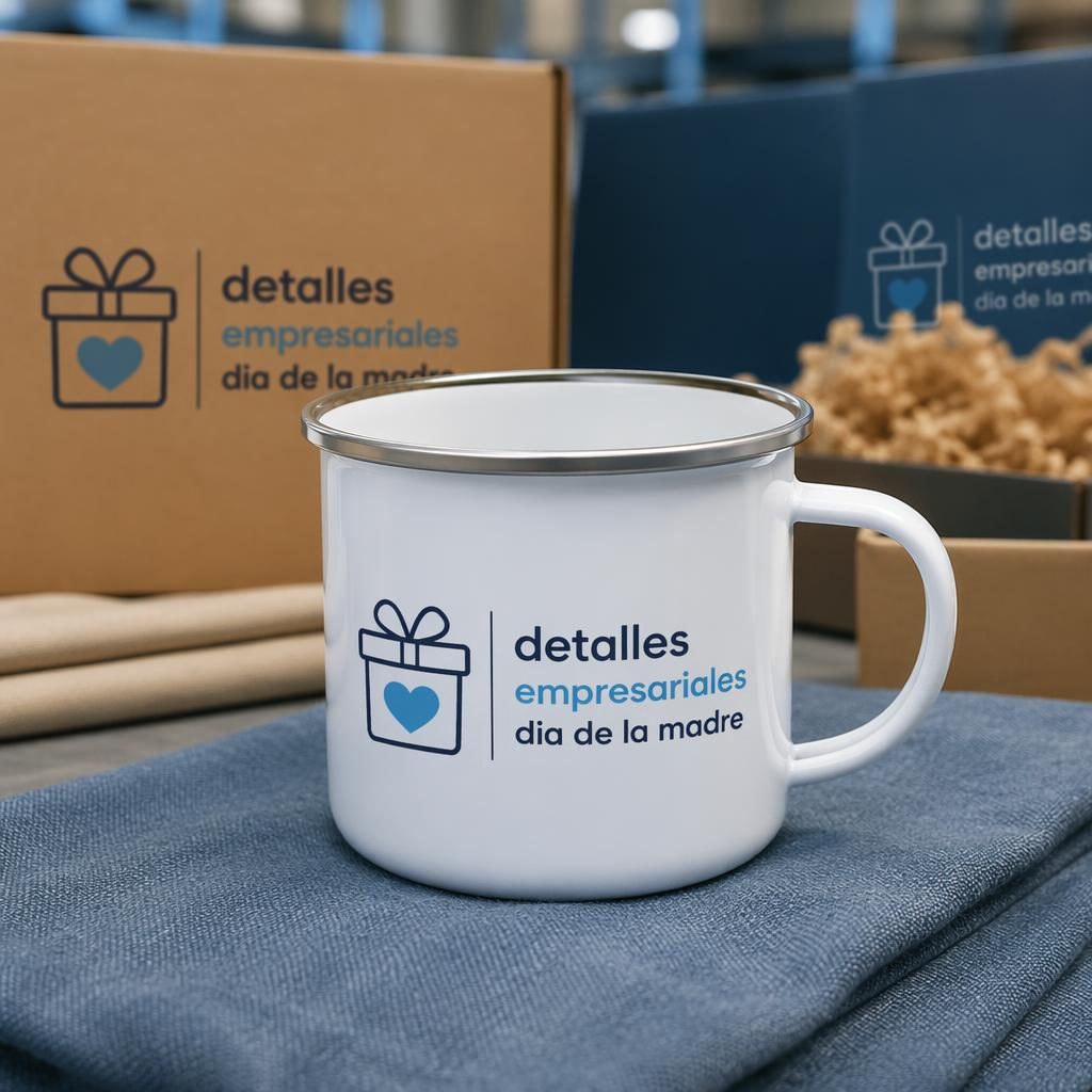 Taza esmaltada blanca con logo envolvente azul en entorno industrial tipo almacén, foto de estudio nítida.