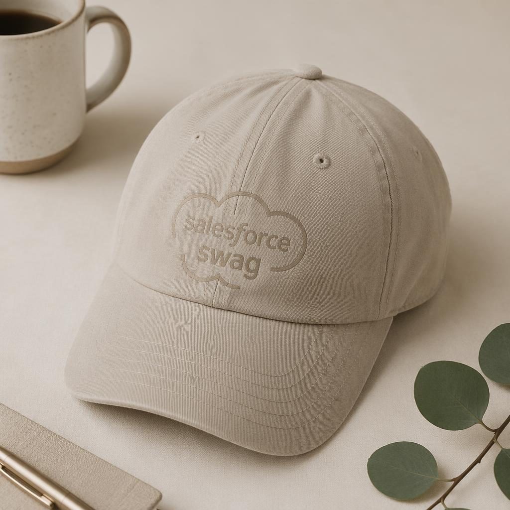 Studio flat lay of a beige sand cap with subtle tone-on-tone salesforce swag logo on soft pastel background
