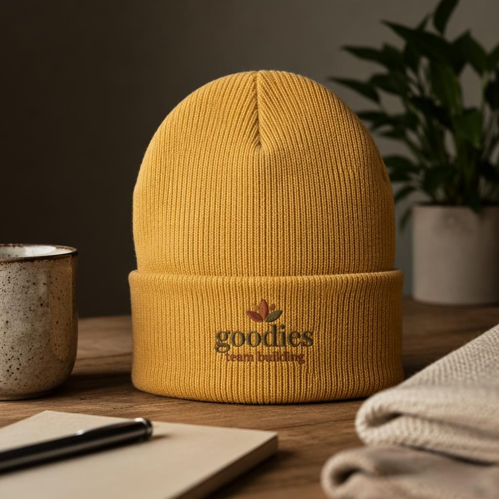 Bonnet jaune moutarde en mockup photo sur bureau, scène lifestyle chaleureuse, texture textile nette.