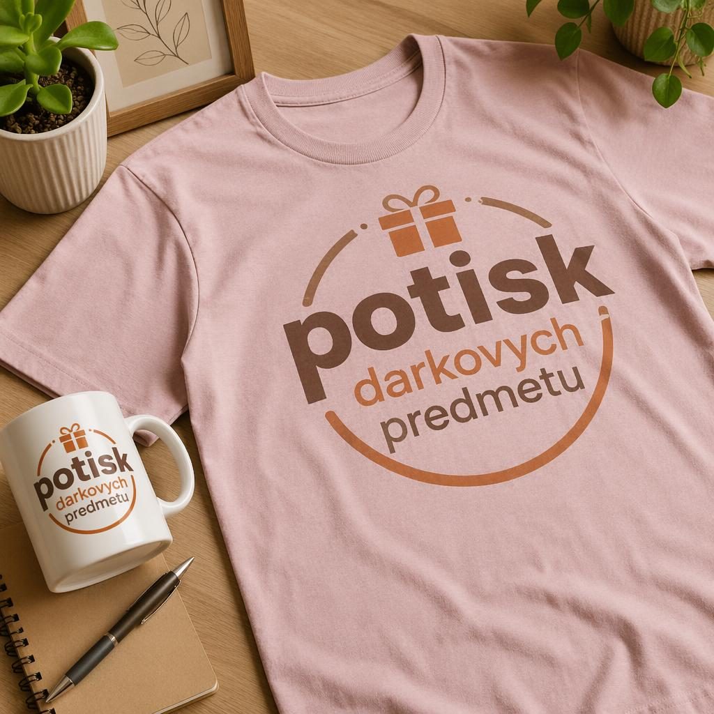 Pudrově růžové tričko s velkým potiskem na stole v lifestylové scéně, teplé zemité tóny a realistická textura látky.
