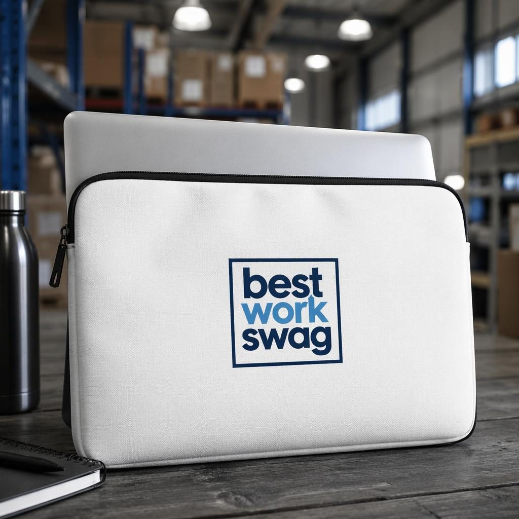 White laptop sleeve mockup with centered best work swag logo in a tech blue palette, shot in an industrial studio.