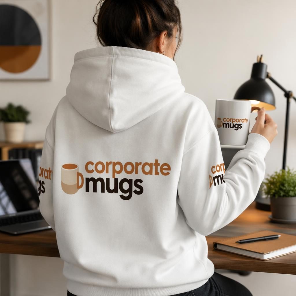 White hoodie mockup with wraparound corporate mugs logo on a desk in a warm earth-tone lifestyle scene
