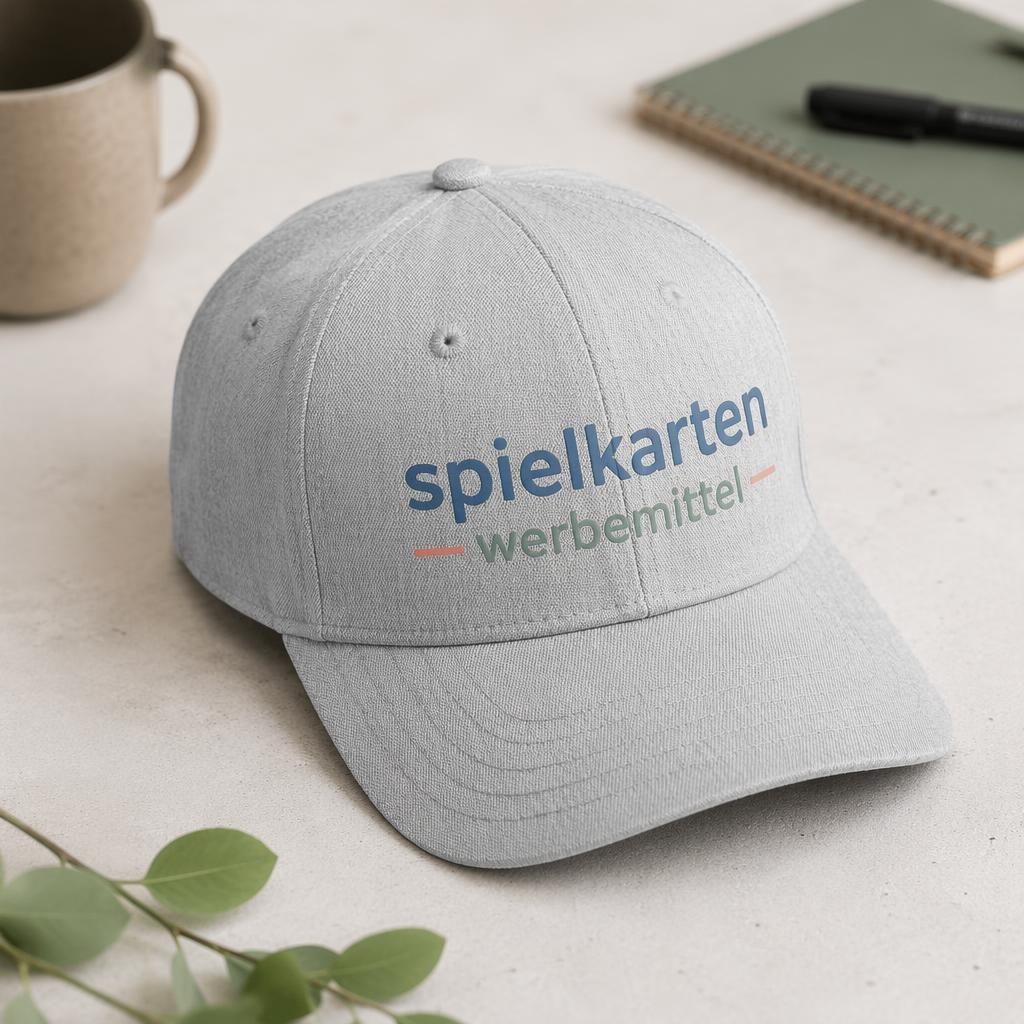 Hellgraue Cap als Studio-Flaylay mit großem spielkarten werbemittel Logo in weichen Pastelltönen.