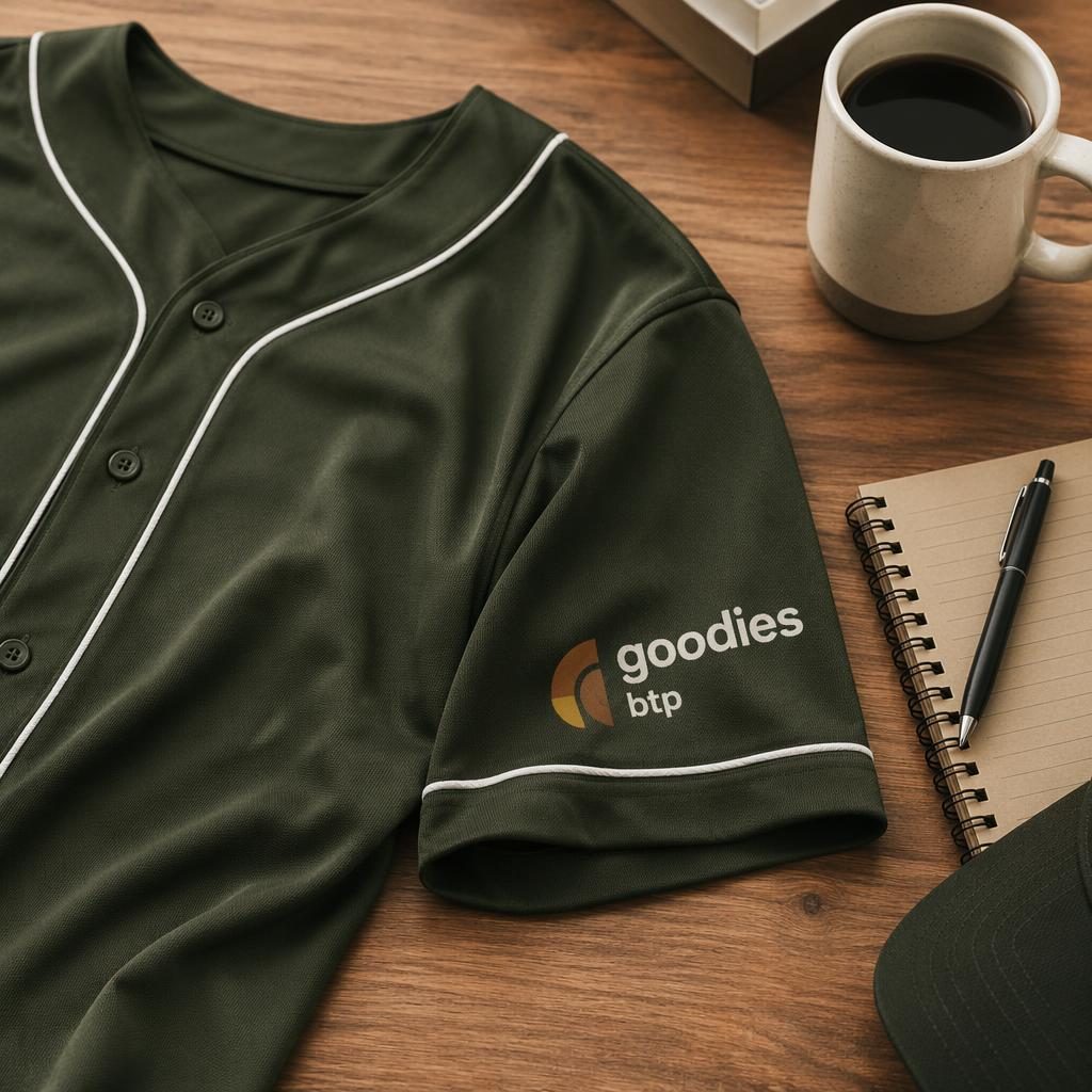 Mockup photo d’un jersey de baseball vert olive avec logo goodies btp sur la manche, posé sur un bureau lifestyle.