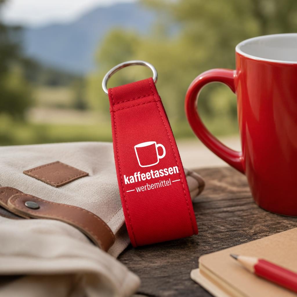Fotorealistischer roter Schlüsselanhänger mit weißem kaffeetassen werbemittel Logo in einer Outdoor-Lifestyle-Szene
