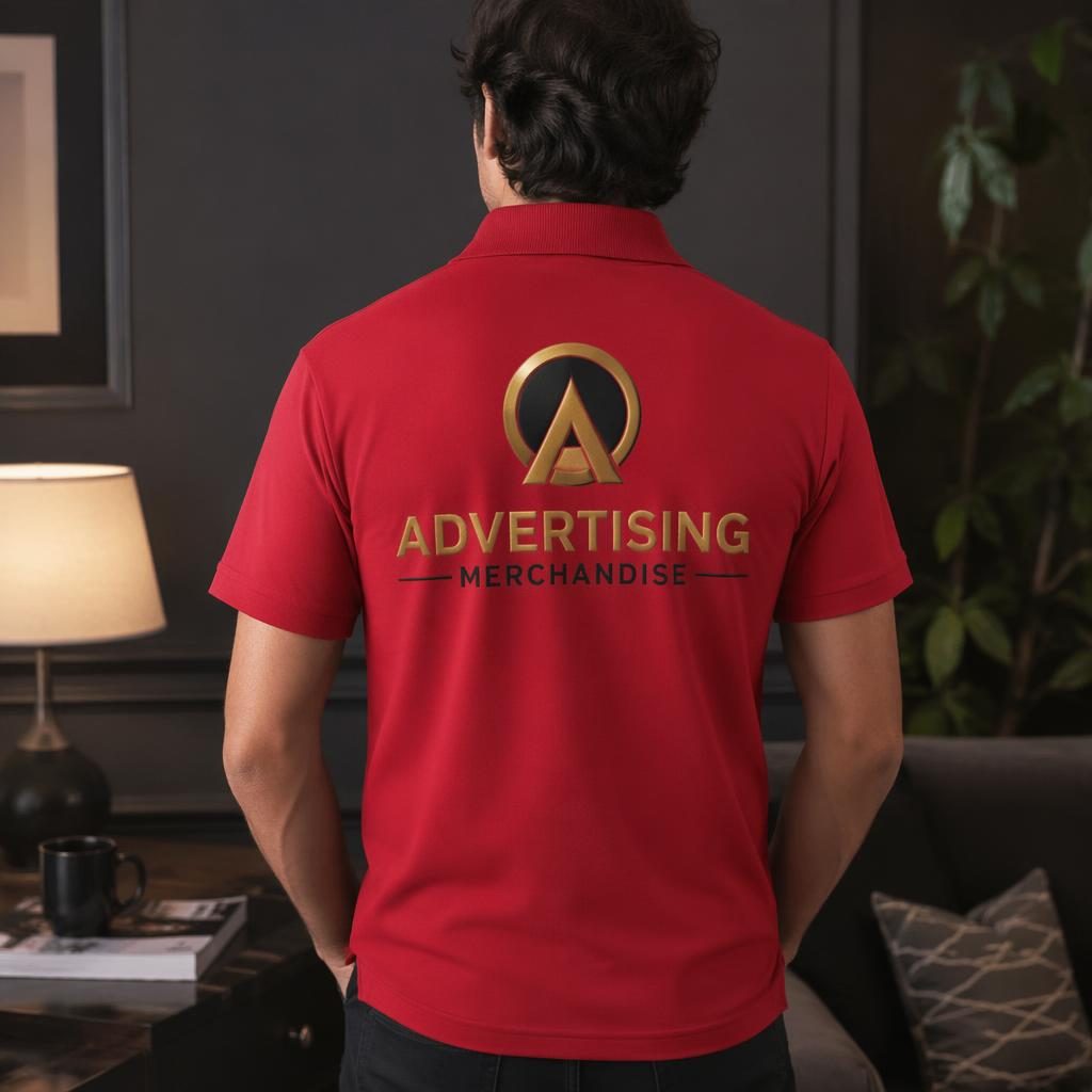 Photo-real red polo shirt mockup with generic advertising merchandise logo printed on the full back in a cozy luxury home setting.