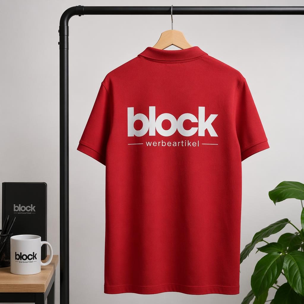 Rotes Polohemd als realistisches Mockup auf Kleiderstange, mit block werbeartikel Logo groß auf dem Rücken.