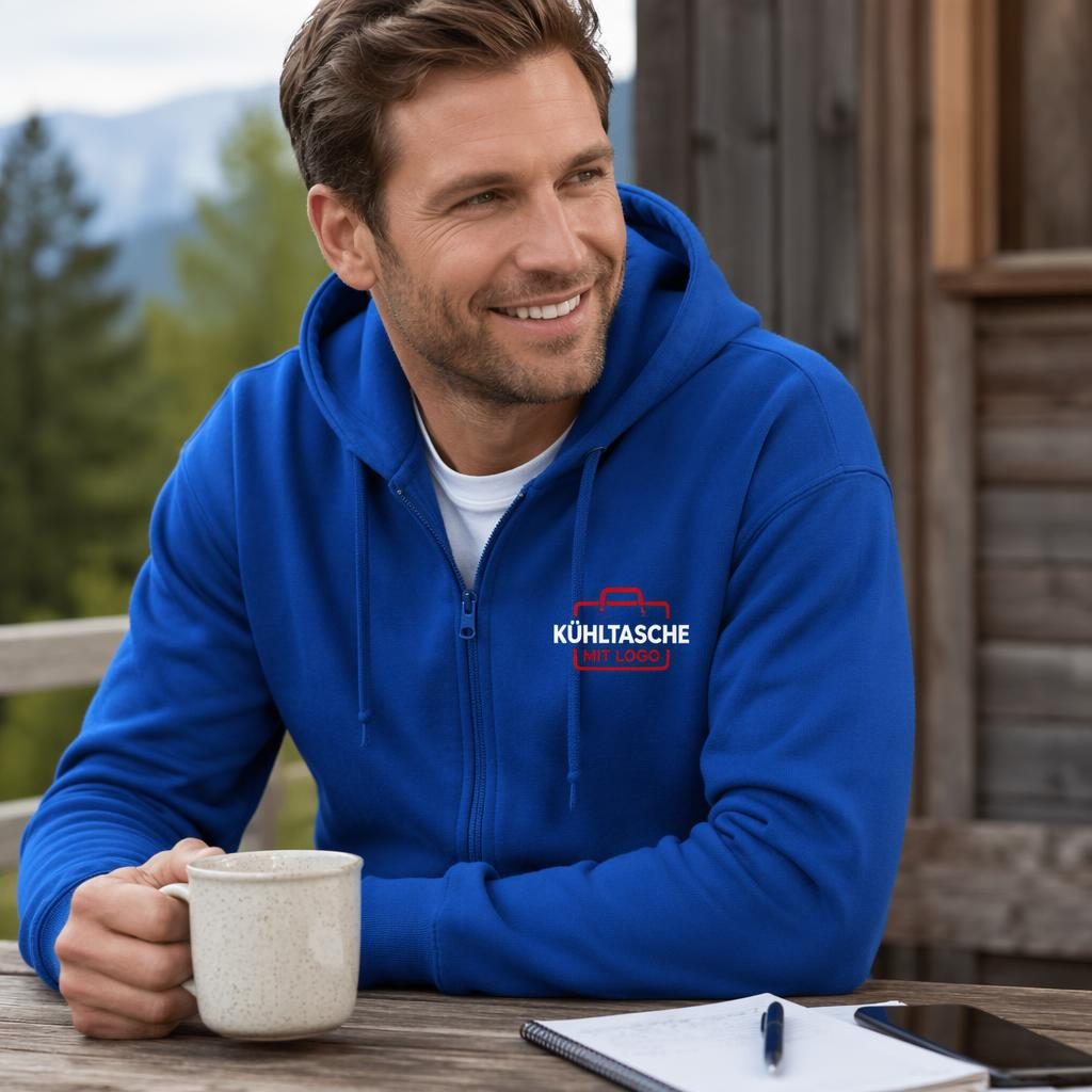 Royalblauer Zip-Hoodie im Outdoor-Mockup mit rot-weißem Sticklogo, scharf fotografiert mit natürlicher Stoffstruktur.